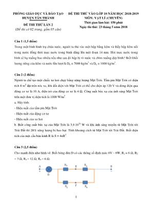 Đề thi thử vào vào Lớp 10 THPT môn Vật lý (Chuyên) - Lần 2 - Năm học 2018-2019 - Phòng giáo dục và đào tạo huyện Tân Thành (Có đáp án)